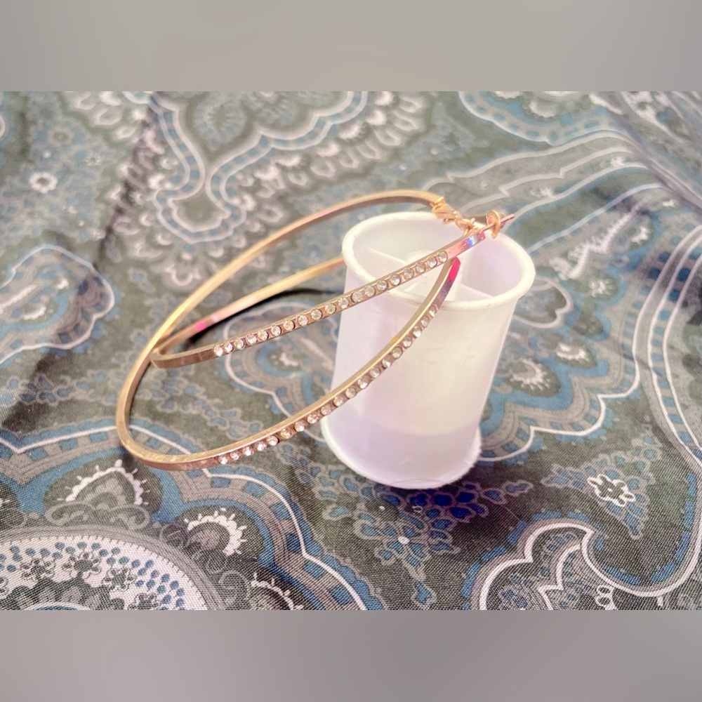 Gold Tone Bling Hoop Earrings Rhinestones — Renewed